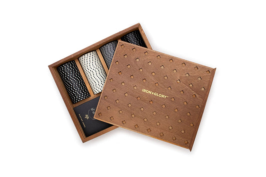 Iron & Glory poker set displayed in a premium wooden box, ready for play