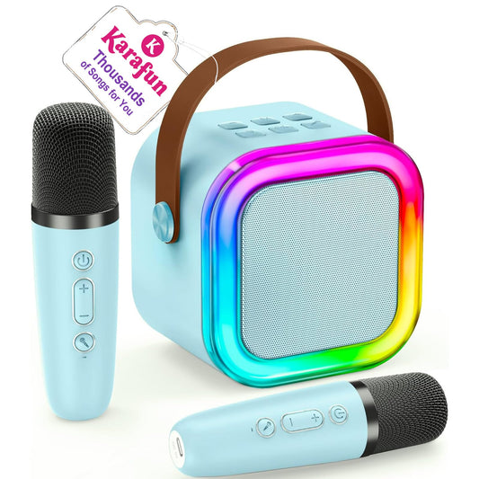 IROO Karaoke Machine for Kids setup shown with easy start and Karafun access for instant singing.
