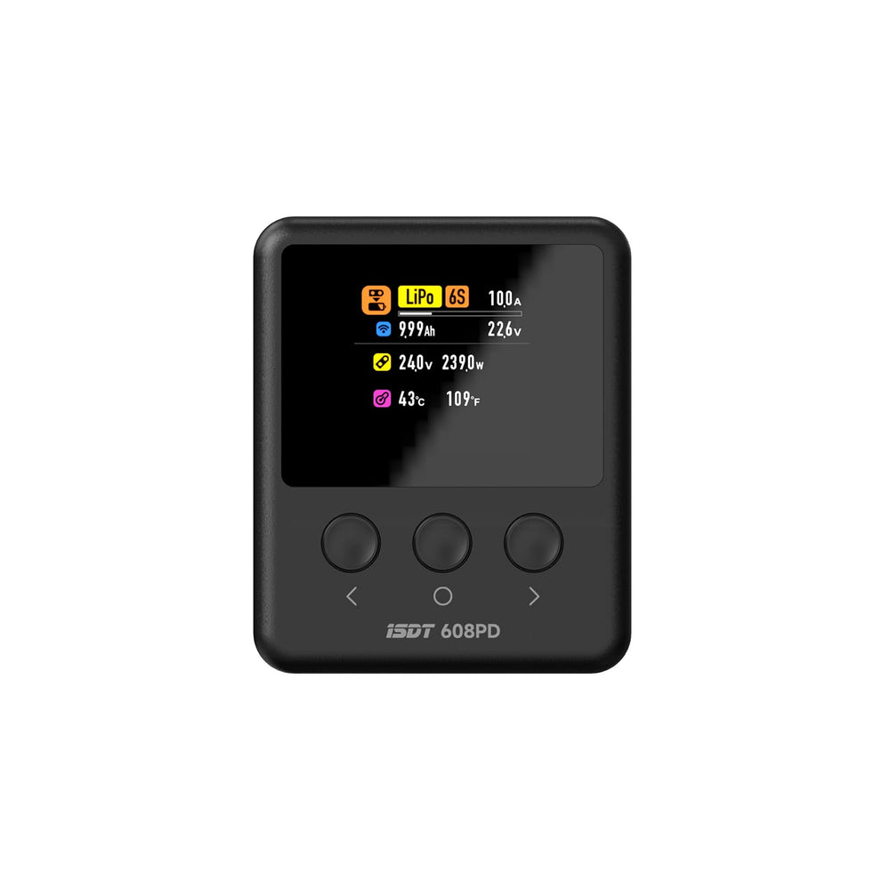 ISDT 608PD front view with compact 240W DC charging for RC batteries.