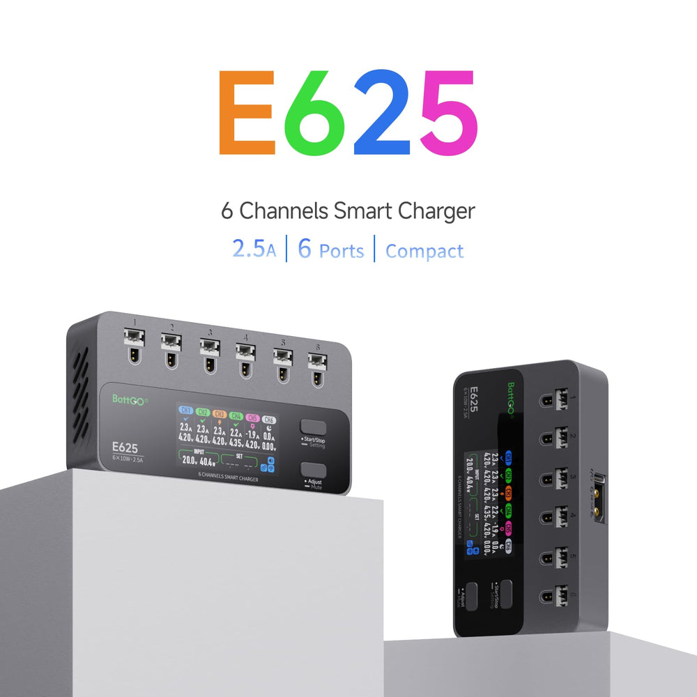 ISDT E625 IPS display shows real-time voltage and current per battery.