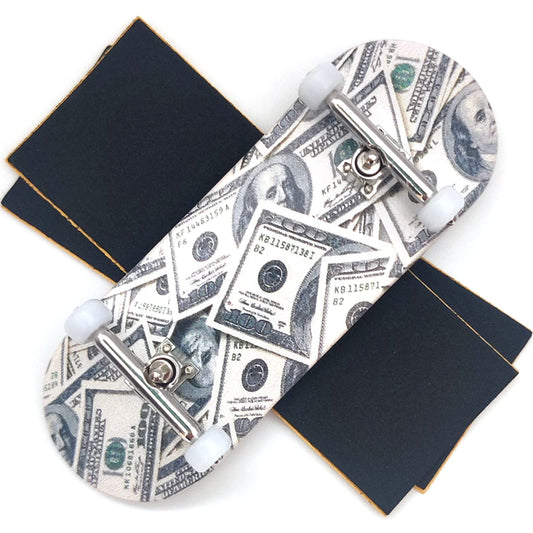 Ishrunkthis 100-dollar-bill pro fingerboard deck demonstrates premium maple and authentic graphics for display and practice.