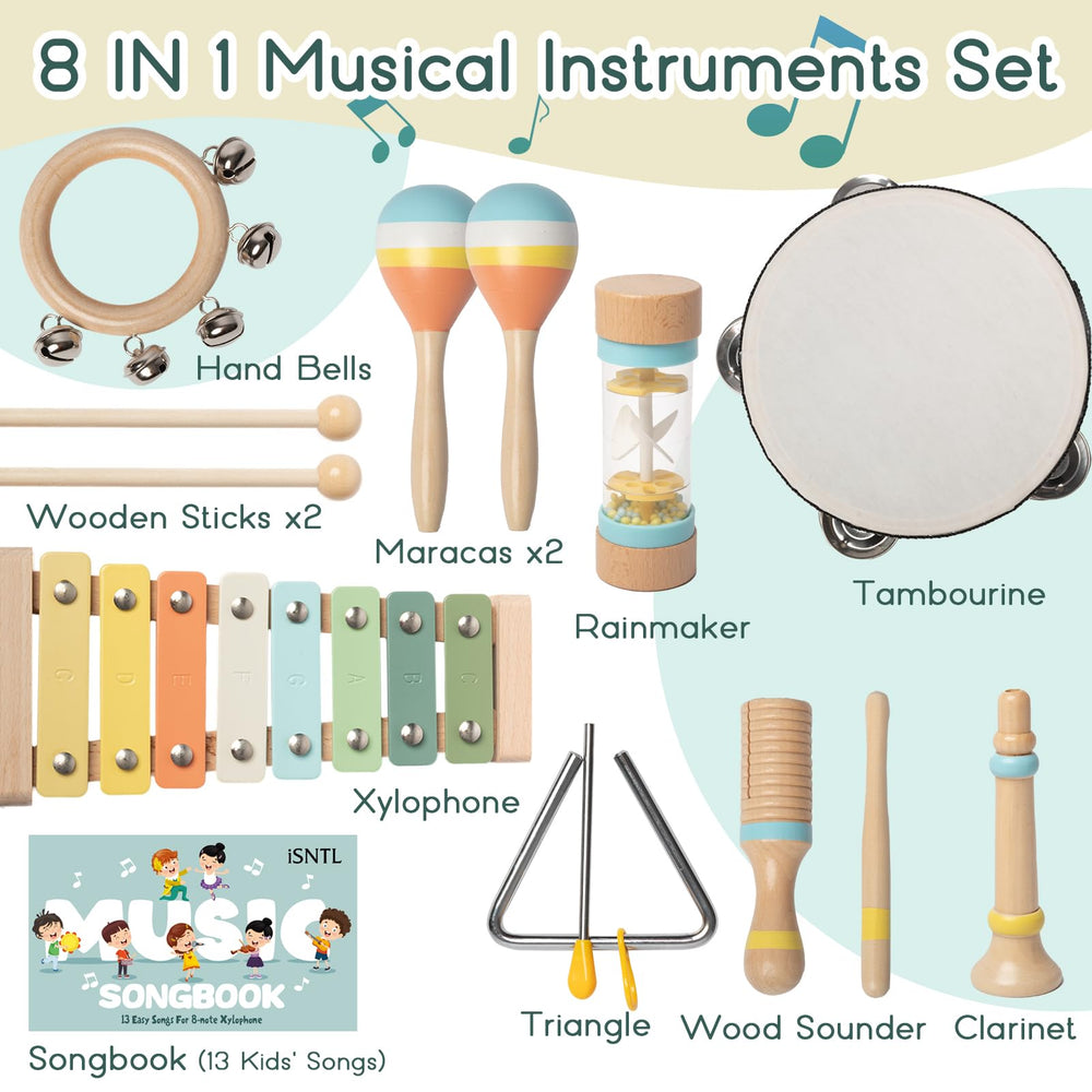 iSNTL tambourine with cymbals encourages beat training in a soothing wooden set.