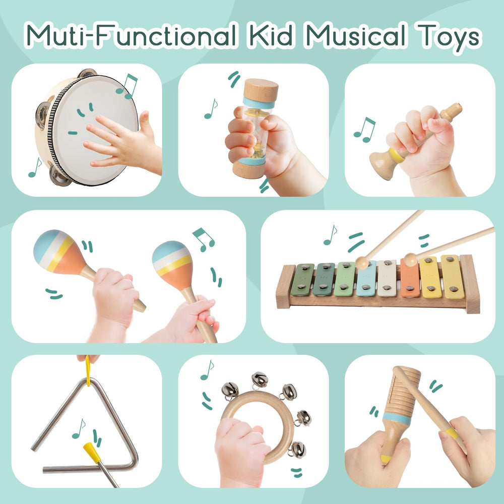iSNTL wooden trumpet adds gentle brass-like tones for imaginative play.