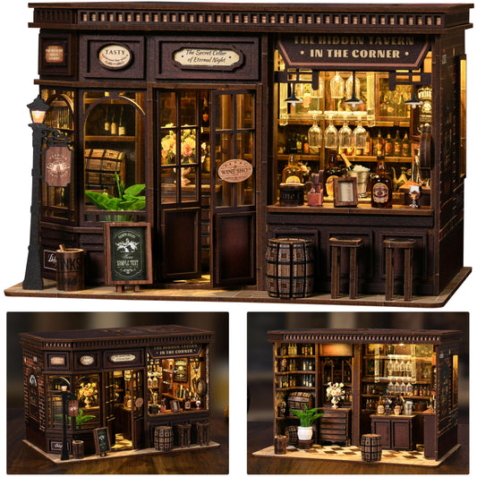 ISSEVE Corner Tavern Book Nook front view glowing warmly for cozy display