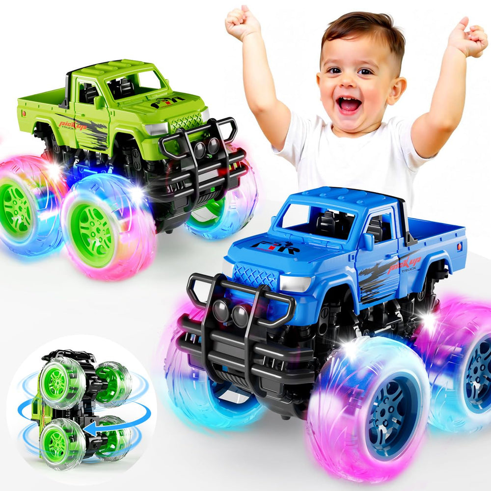 iValea Monster Trucks with light-up wheels, front view for engaging toddler racing play.