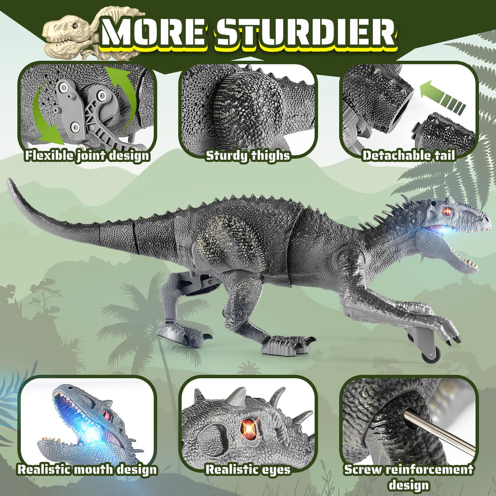 J Rootage large gray dinosaur with ABS build withstands energetic play.
