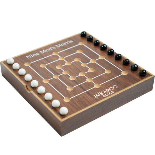 Jackaroo World Nine Men's Morris board on smooth walnut surface for two players.