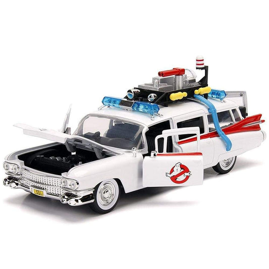 Jada ECTO-1 1:24 white side view; ideal display collectible.