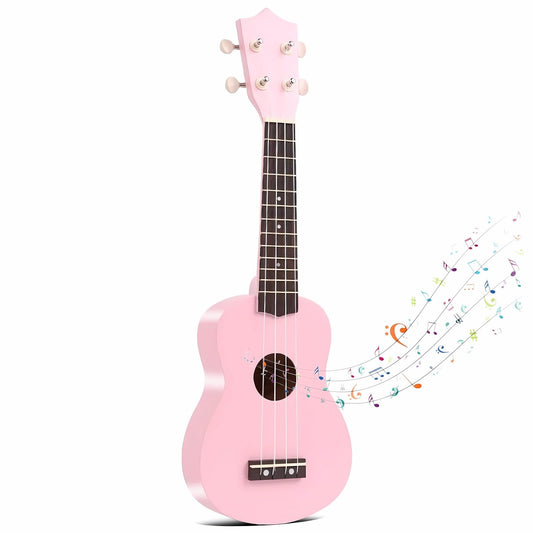 Jakeloo pink body guitar; beginner-friendly instrument with bright sound.