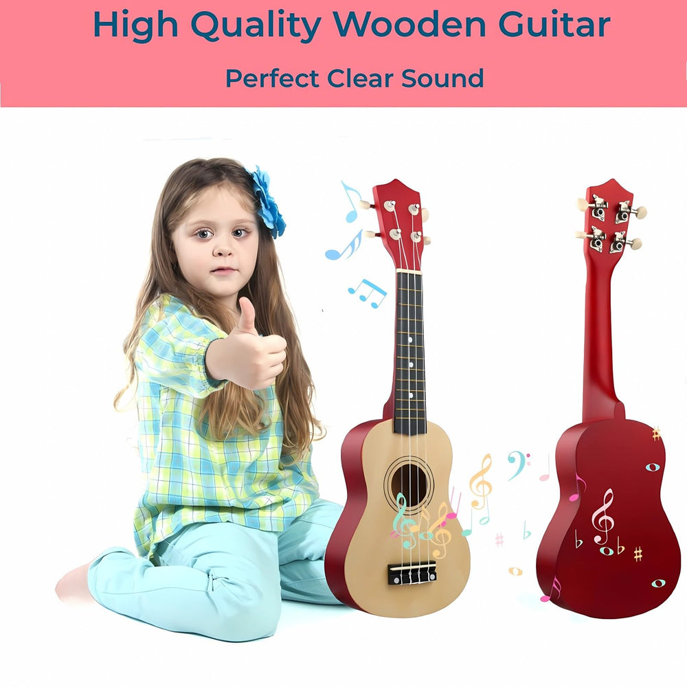 Jakeloo toddler acoustic guitar with four strings supports basic sound exploration.
