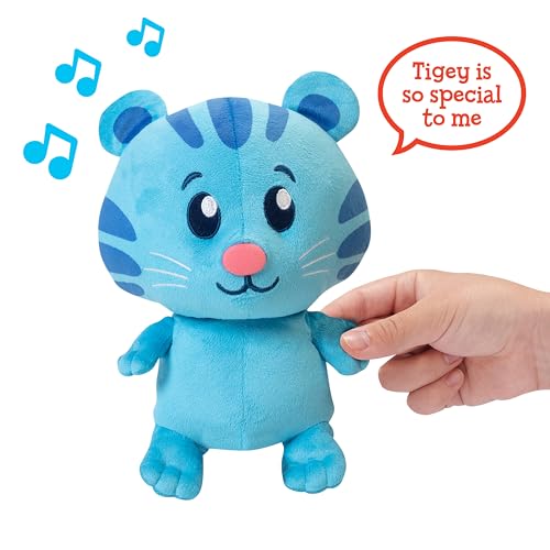 Tigey plush plays nine phrases and songs for imaginative play.