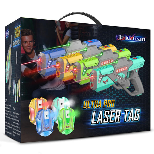 JakMean laser tag gun set for four players enables immersive indoor and outdoor battles.