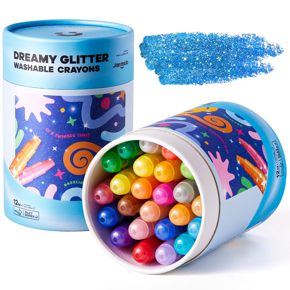 Jar Melo glitter crayons for toddlers with 24 colors offering sparkling art sessions.