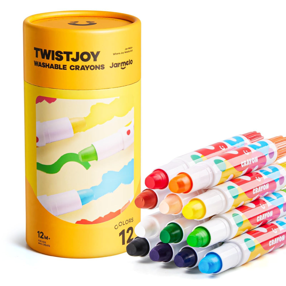 Jar Melo Jumbo Crayons packaging with 12 colors, ideal for toddlers.