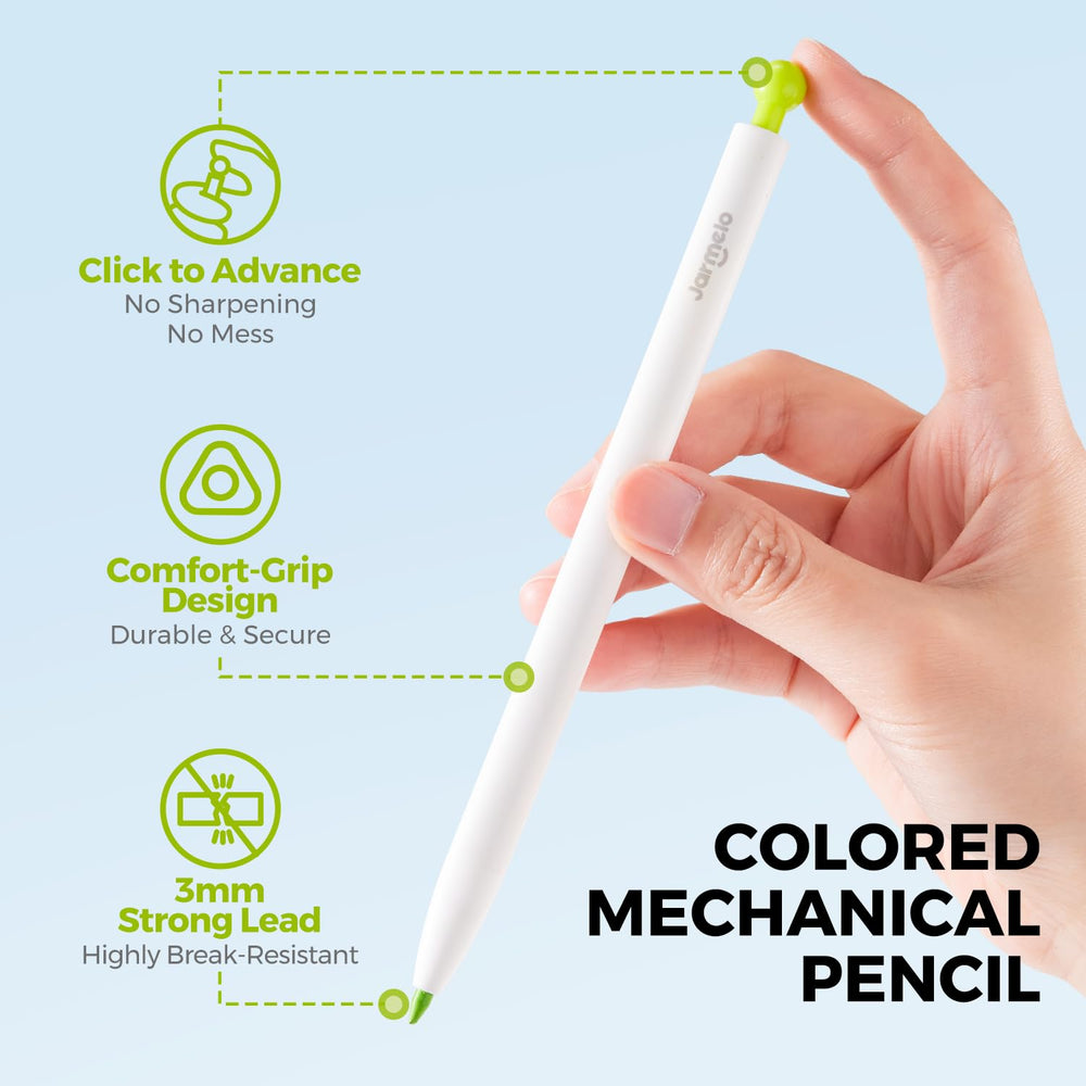 Jar Melo pencils with retractable lead and safe mechanism for beginner artists.