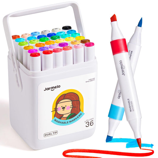 Jar Melo Washable dual-tip markers with brush tip for detailed coloring and easy cleanup.