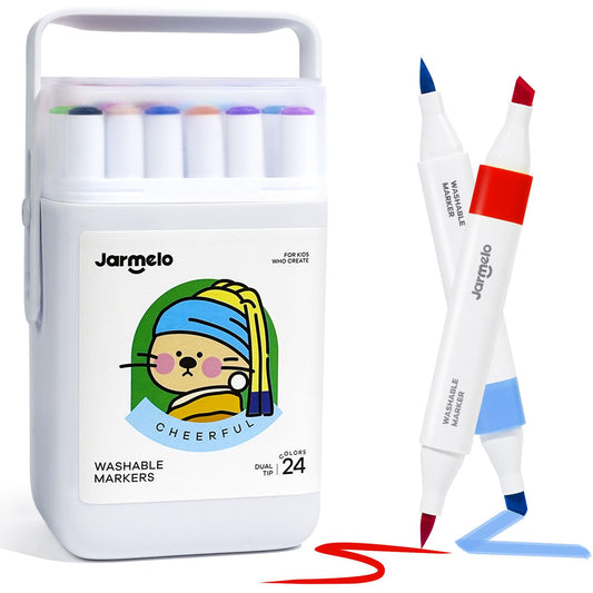 Jar Melo washable markers front view with a 24-color set for mess-free coloring.