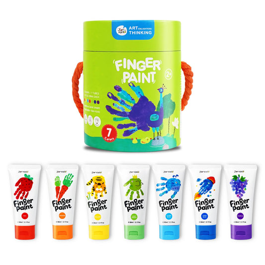 Jar Melo finger paints for toddlers with seven colors in 2.1 oz tubes for creative play.