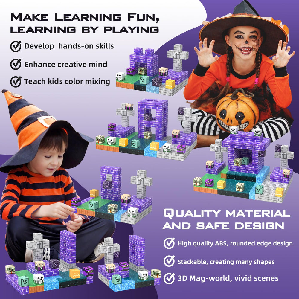 JauniQ magnetic blocks with skeleton piece invite spooky scene design with magnets