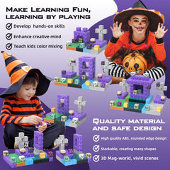 JauniQ magnetic blocks with skeleton piece invite spooky scene design with magnets