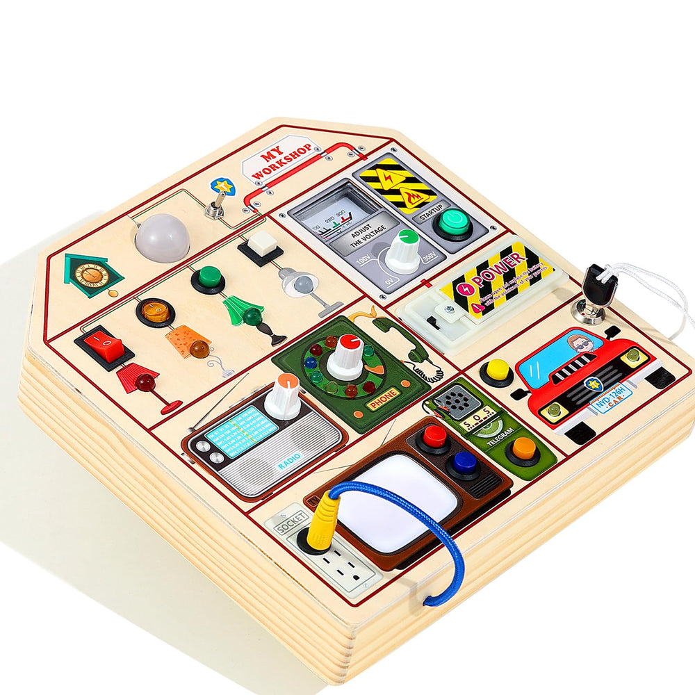 JAUNTY Busy Board radio area fosters imaginative roleplay and focused playtime