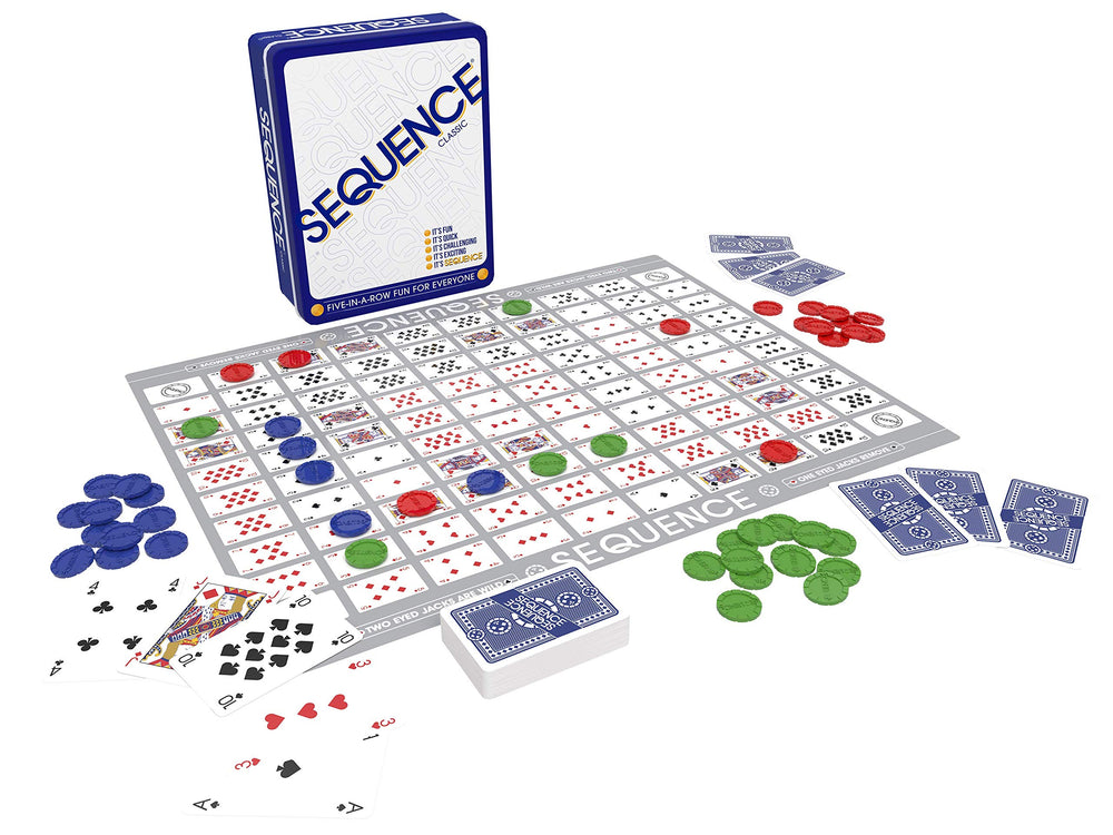 Jax Sequence in a Tin playing cards neatly organized for easy setup and play