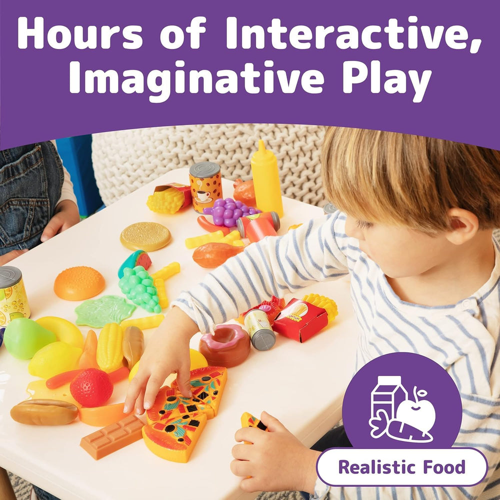 JaxoJoy pretend food set kitchen playset highlights a complete pretend kitchen setup for immersive activities.