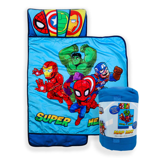 Jay Franco Avengers nap mat with embedded pillow for cozy on-the-go comfort.