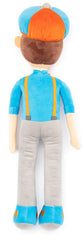 Blippi pillow buddy in car seat demonstrating on-the-go comfort.