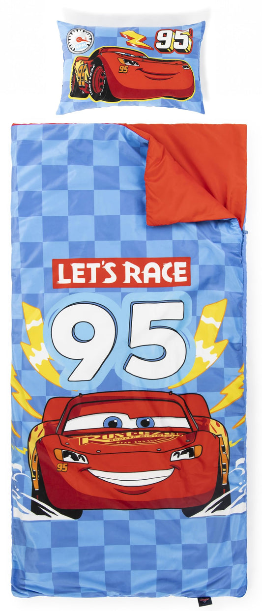 Jay Franco Cars slumber bag and pillow for cozy sleepovers.