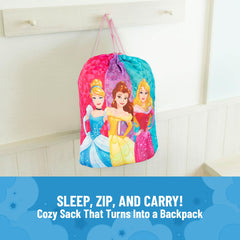 Jay Franco Disney Princess Trip Slumber Sack measures 27x54 inches.