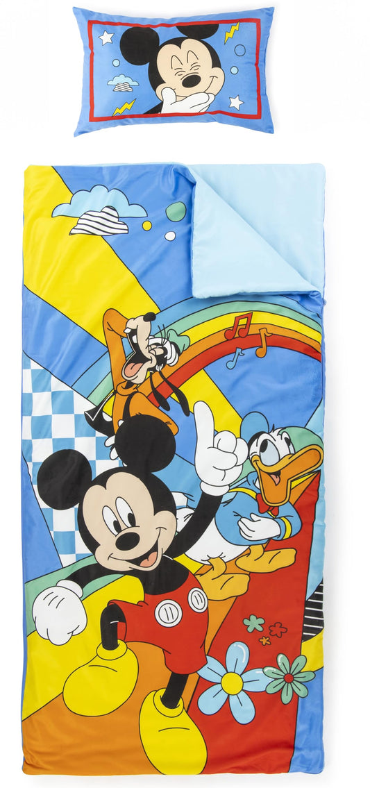 Jay Franco Mickey Mouse slumber bag with plush pillow for cozy sleepovers.