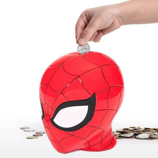 Jay Franco Spider-Man ceramic coin bank front view showing vivid Marvel design for kids savings
