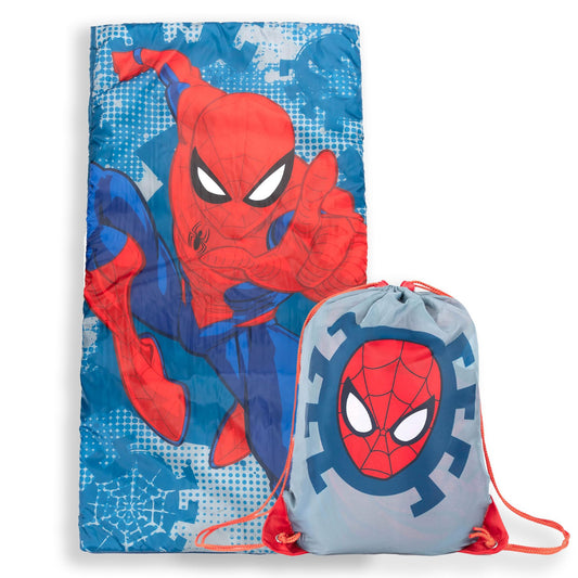 Jay Franco Spiderman slumber sack front view showing cozy sleepover readiness