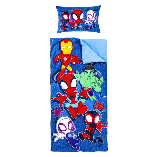 Jay Franco Spidey slumber bag 54x27 offers cozy sleepover nap mat.