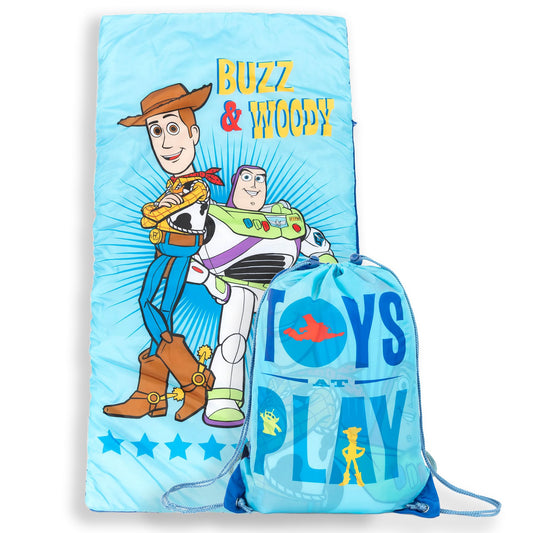 Jay Franco Toy Story slumber sack featuring Woody and Buzz, perfect for cozy sleepovers.