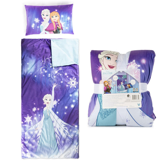 Jay Franco slumber bag front view with Frozen Elsa and Anna design for cozy sleepovers