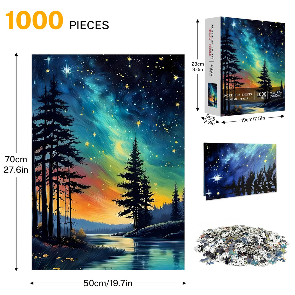 Box contents include puzzle pieces, poster, and instructions