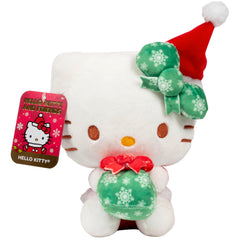 Jazwares Hello Kitty 8-inch Christmas plush holding a present, perfect for gifting