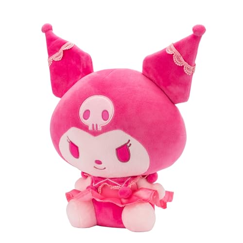 Kuromi plush pink monochrome design highlights lace collar detail.
