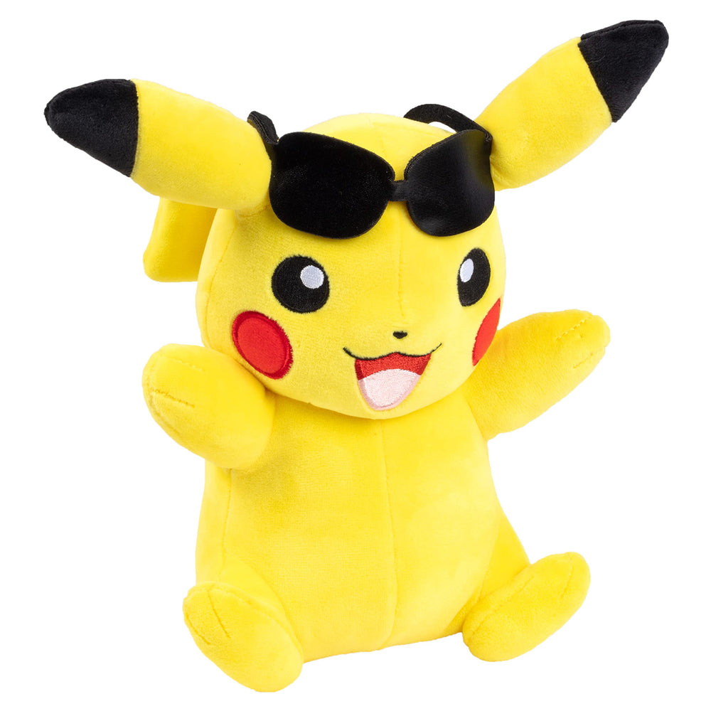 Jazwares Pikachu plush official licensed badge visible, authentic Pokémon merchandise