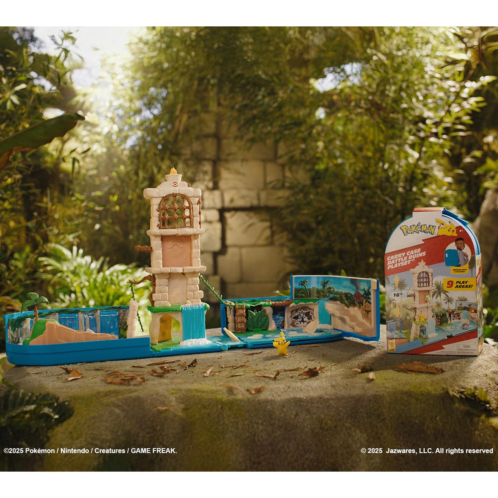 Jazwares Pokemon Carry Case Battle Ruins temple with elevator and flametop for vertical play