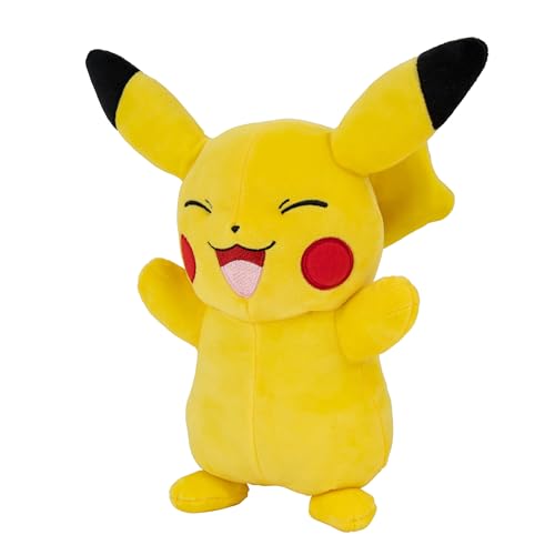 Jazwares Pokemon Pikachu plush 12-inch side view, ideal travel companion for kids.