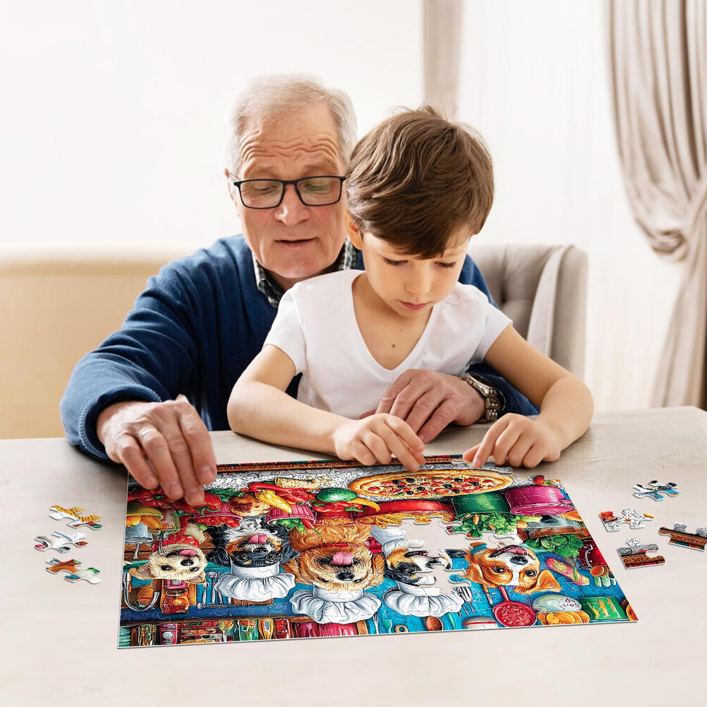 Jeacirio dogs-party puzzle scene promotes collaborative play among family members.