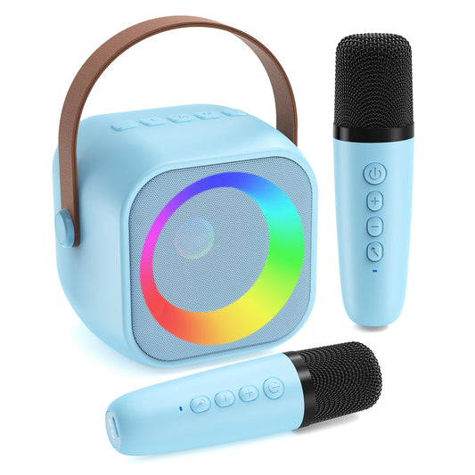 Jeefu karaoke machine for kids with blue chassis and two mics for home singing.