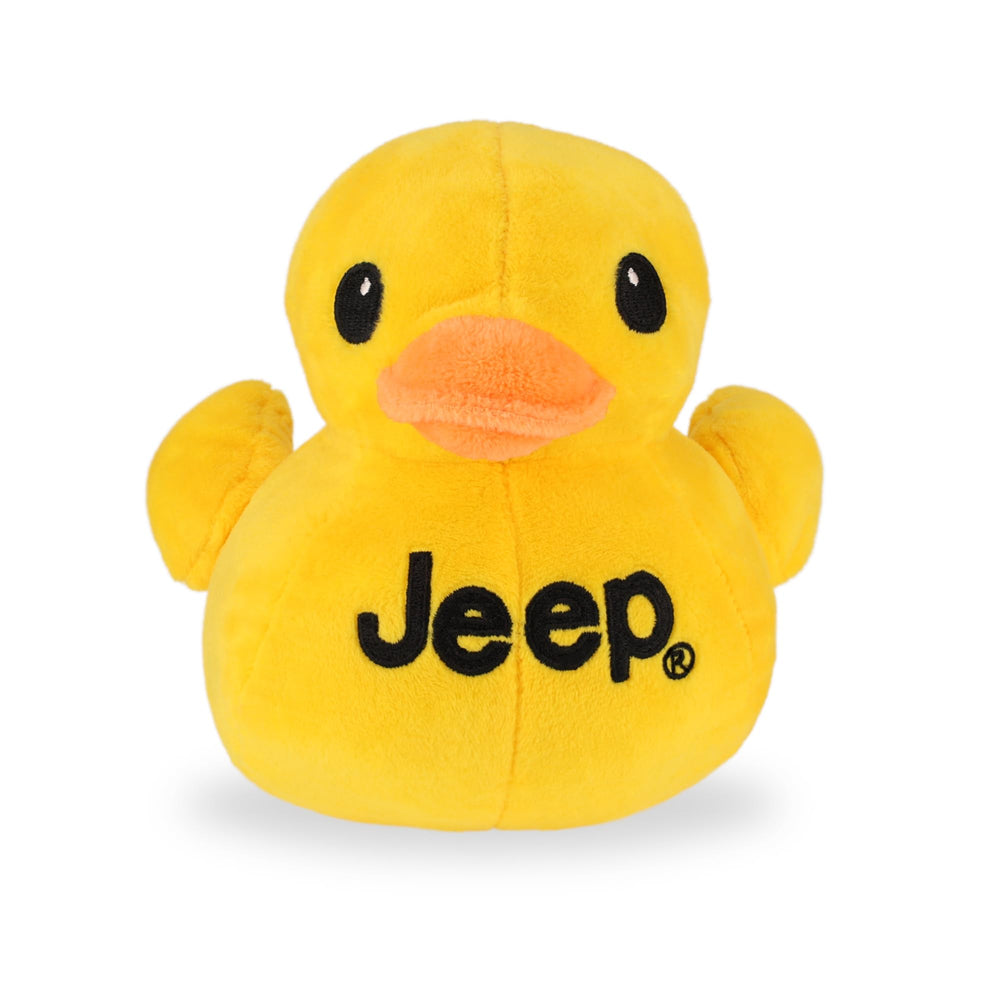 Jeep Text Logo Duck Plush front view, soft yellow cuddle buddy for Jeep fans
