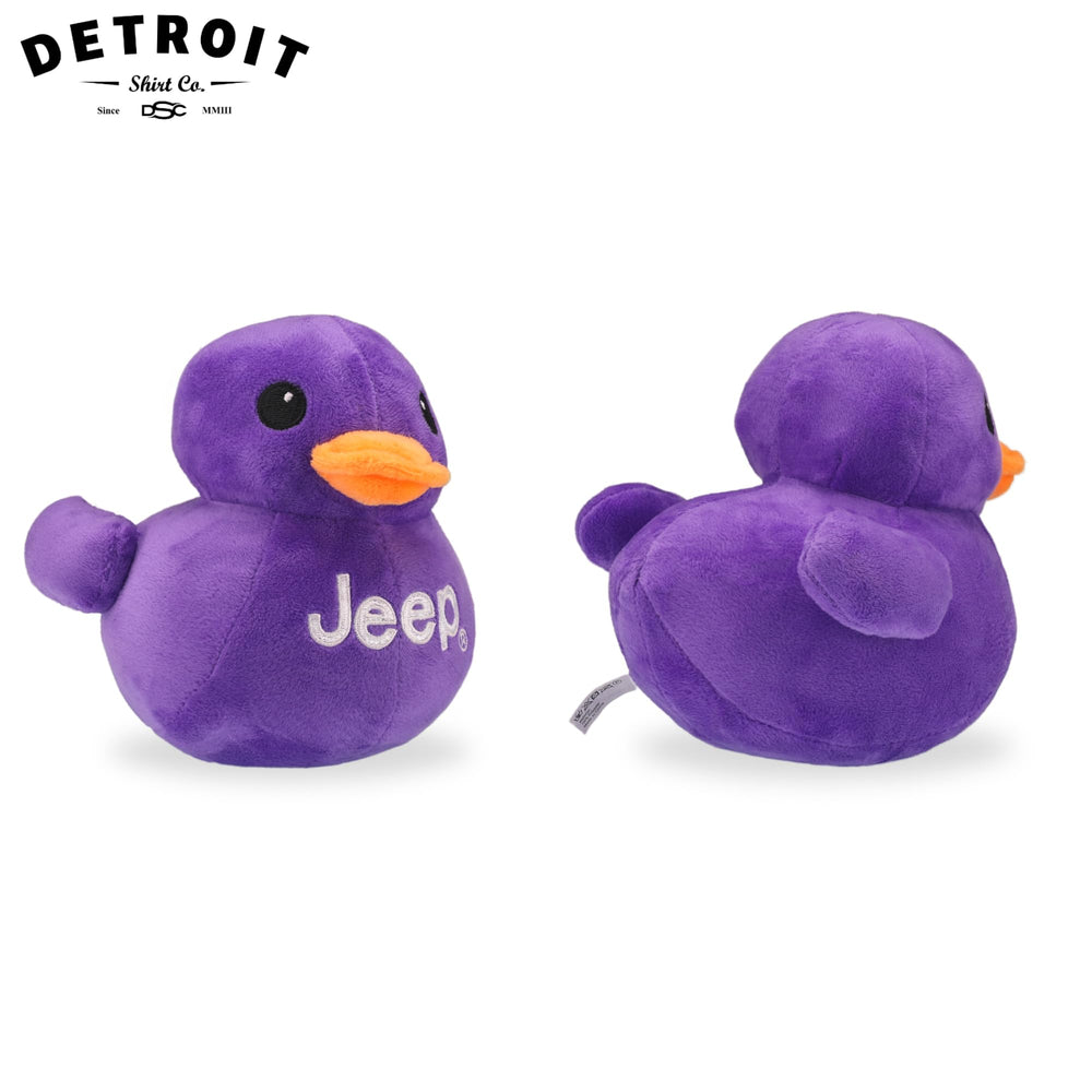 Jeep plush duck purple face detail, friendly expression.