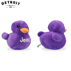 Jeep plush duck purple face detail, friendly expression.