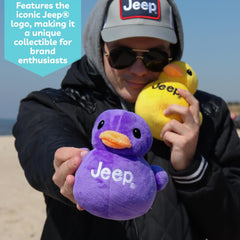 Jeep text logo plush duck, desk companion for enthusiasts.