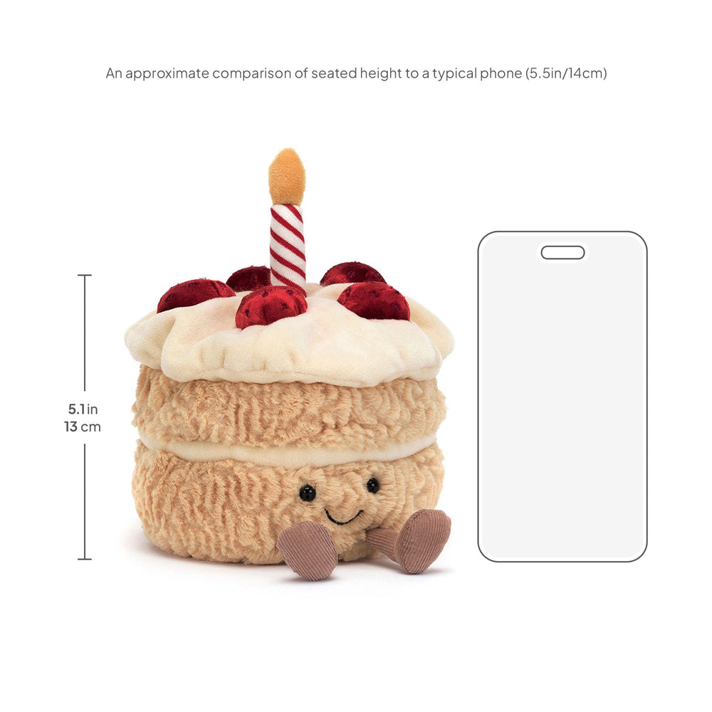 Jellycat Amuseables Birthday Cake sits nicely for display and hugs